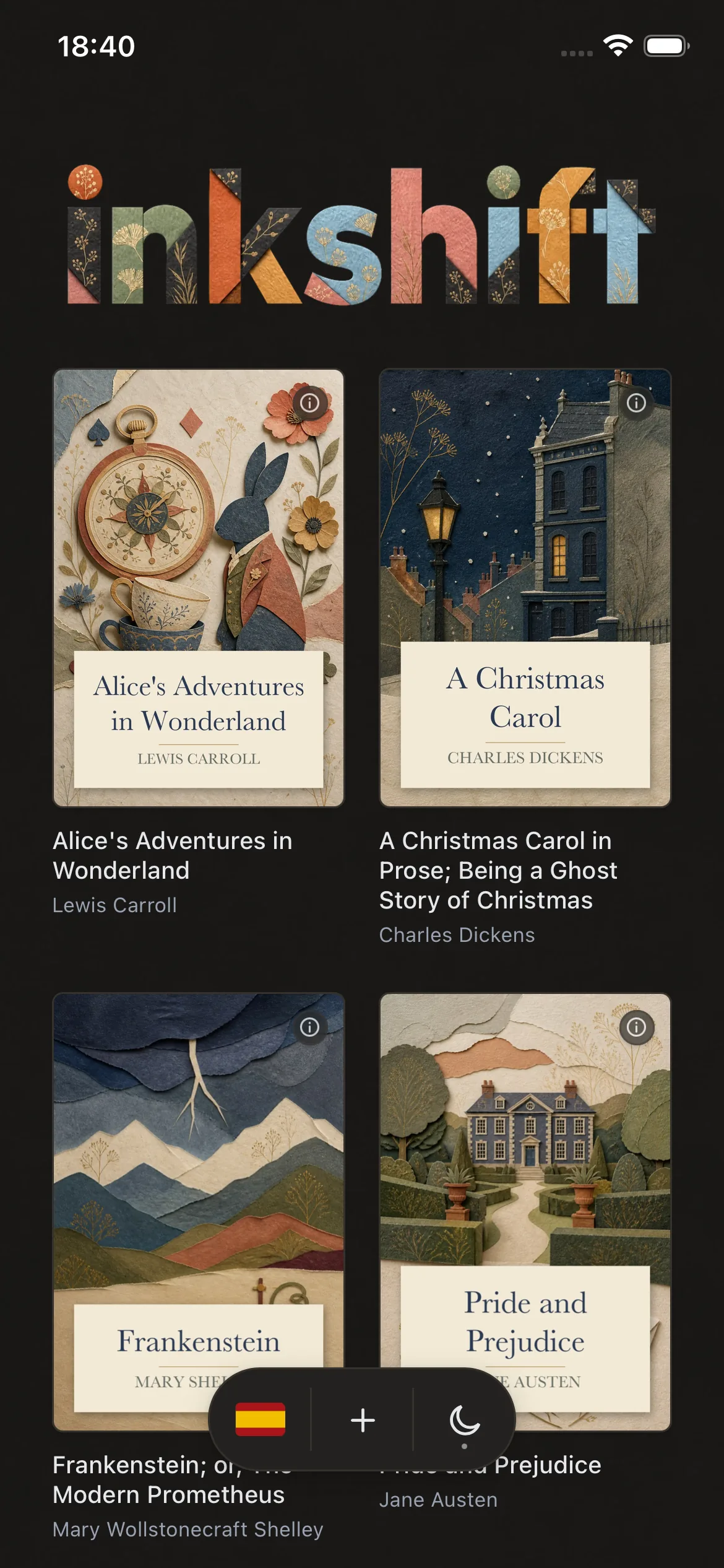 The Trilinga shelf on an iPhone, with four books installed: Alice's Adventures in Wonderland, A Christmas Carol, Frankenstein and Pride and Prejudice.