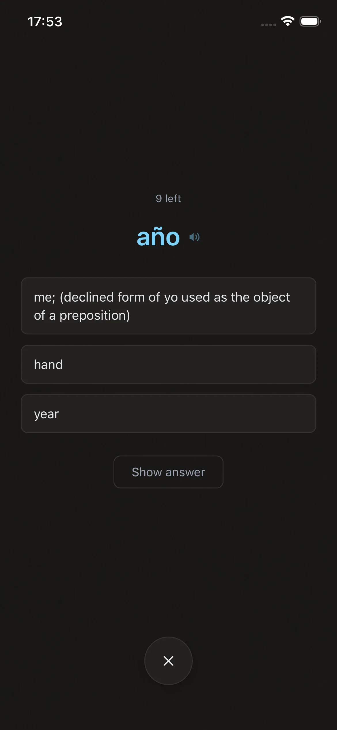 A flashcard in Trilinga offering three possible meanings for a Spanish word.